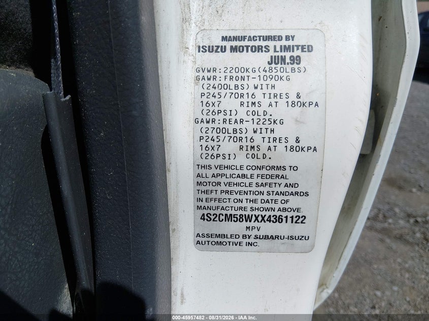 1999 Isuzu Rodeo VIN 4S2CM58WXX4361122 IAAI salvage auction — NORMAL WEAR, Regular (Nevada), sold $25 on 2026-09-18 (photo 9)