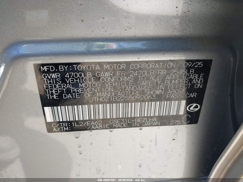 2025 Lexus Is VIN JTHGZ1B22S5092063 IAAI salvage auction — STRIPPED, Wait Title, sold $14,450 on 2026-10-15 (photo 9)