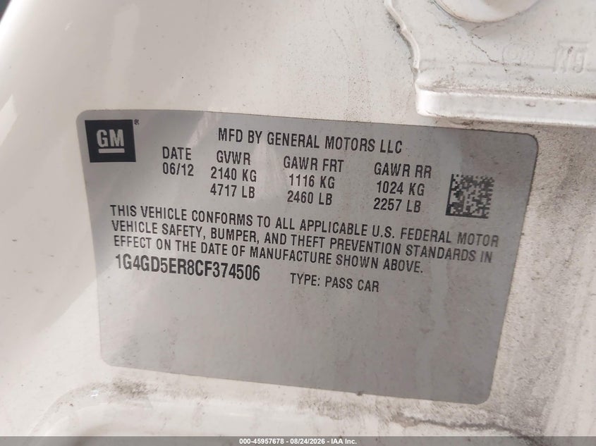 2012 Buick Lacrosse VIN 1G4GD5ER8CF374506 IAAI salvage auction — NORMAL WEAR, Clear (Minnesota), sold $675 on 2026-09-11 (photo 9)