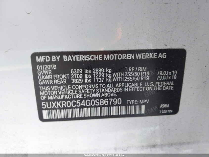 2016 BMW X5 VIN 5UXKR0C54G0S86790 IAAI salvage auction — RIGHT SIDE, Salvage Title, sold $5,350 on 2026-09-28 (photo 9)