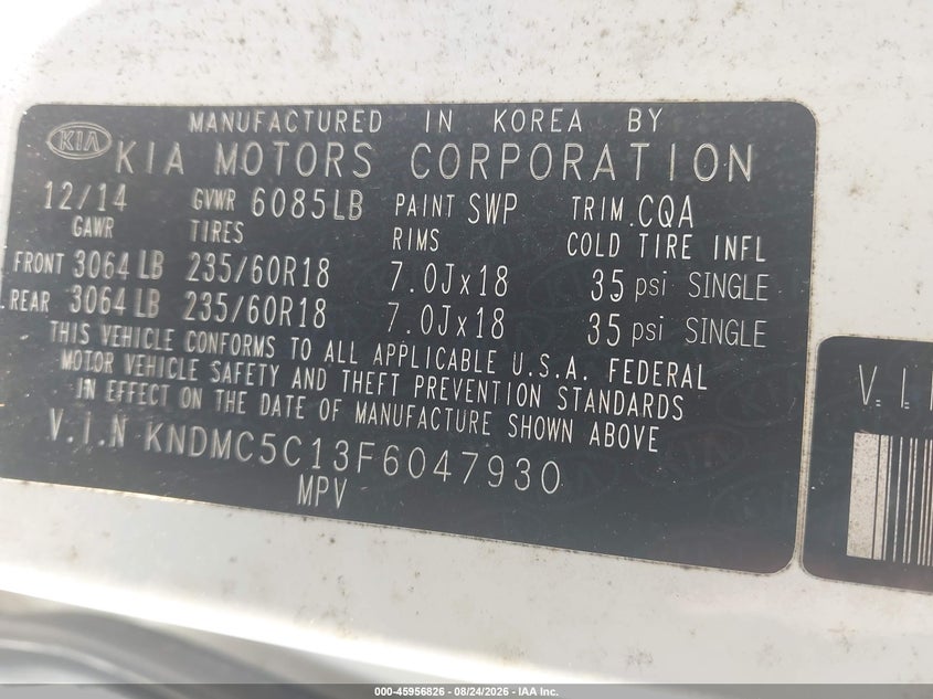 2015 Kia SEDONA VIN KNDMC5C13F6047930 IAAI salvage auction — NORMAL WEAR, Clear (Florida), sold $1,775 on 2026-09-02 (photo 9)
