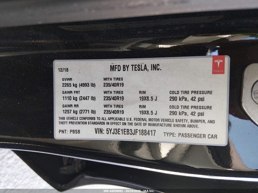2018 Tesla Model 3 VIN 5YJ3E1EB3JF188417 IAAI salvage auction — REAR END, Salvage Title, sold $10,650 on 2026-09-16 (photo 9)