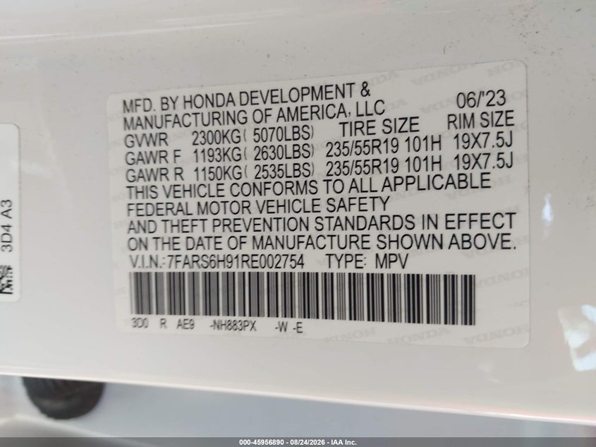 2024 Honda VIN 7FARS6H91RE002754 IAAI salvage auction — REAR END, Salvage Certificate (California), sold $20,100 on 2026-08-31 (photo 9)