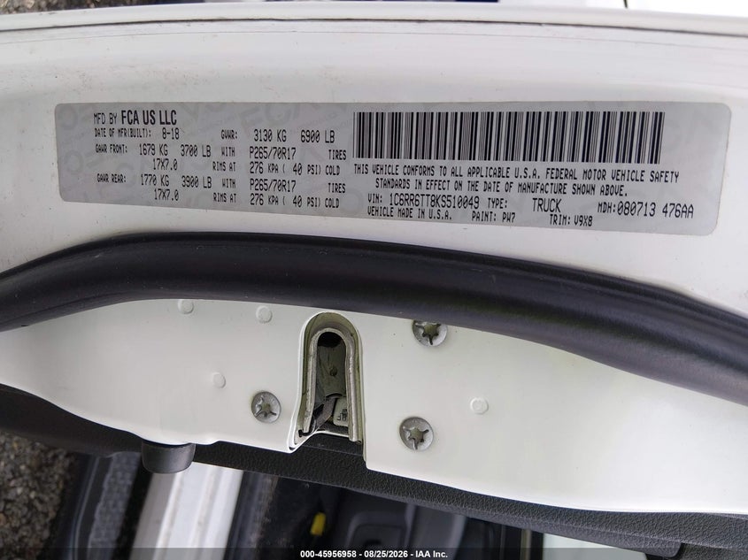 2019 Ram 1500 VIN 1C6RR6TT8KS510049 IAAI salvage auction — FRONT END, Salvage (Louisiana), sold $4,500 on 2026-09-27 (photo 9)