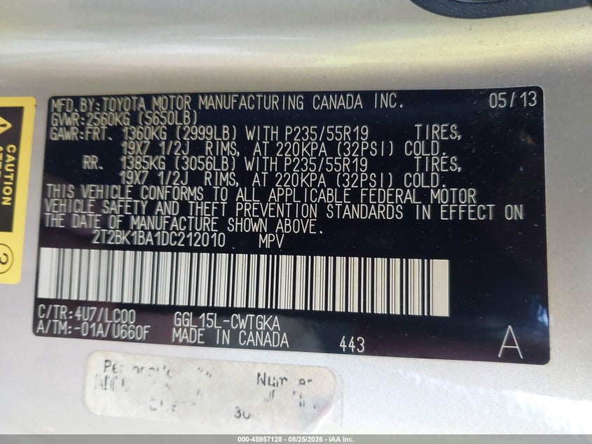 2013 Lexus Rx VIN 2T2BK1BA1DC212010 IAAI salvage auction — FRONT END, Salvage (Arizona), sold $7,100 on 2026-08-30 (photo 9)