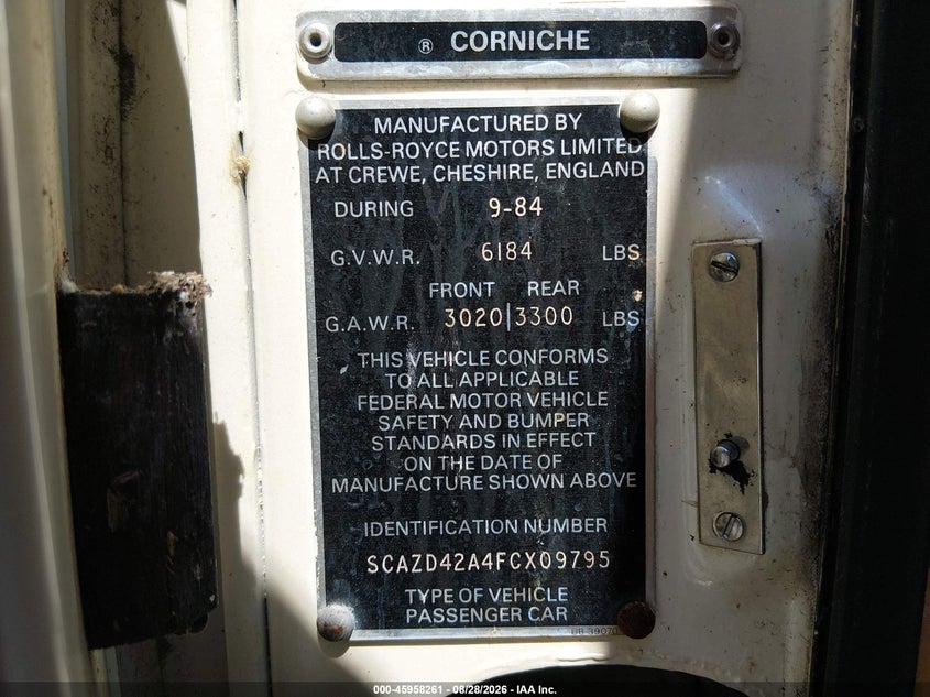 1985 Rolls-royce Corniche VIN SCAZD42A4FCX09795 IAAI salvage auction — LEFT FRONT, Clear (Louisiana), sold $25,150 on 2026-09-14 (photo 9)