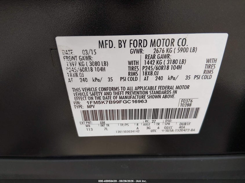 2015 Ford Explorer VIN 1FM5K7B99FGC16963 IAAI salvage auction — NORMAL WEAR, Clear (Florida), sold $400 on 2026-09-05 (photo 9)