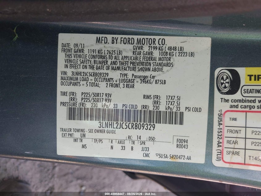 2012 Lincoln Mkz VIN 3LNHL2JC5CR809329 IAAI salvage auction — NORMAL WEAR, Original (Vermont), sold $100 on 2026-09-10 (photo 9)