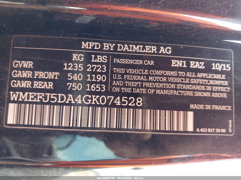 2016 Smart Fortwo VIN WMEFJ5DA4GK074528 IAAI salvage auction — NORMAL WEAR, Salvage Title (New York), sold $500 on 2026-09-03 (photo 9)