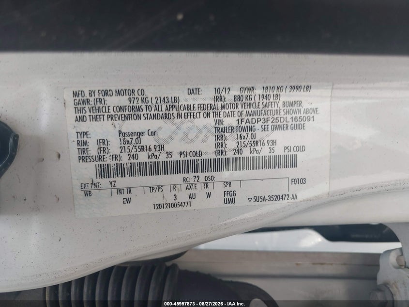 2013 Ford Focus VIN 1FADP3F25DL165091 IAAI salvage auction — NORMAL WEAR, Wait Title, sold $300 on 2026-09-25 (photo 9)