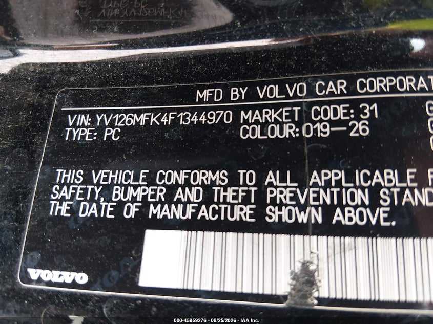 2015 Volvo S60 VIN YV126MFK4F1344970 IAAI salvage auction — NORMAL WEAR, Clear (Mississippi), sold $1,050 on 2026-09-05 (photo 9)