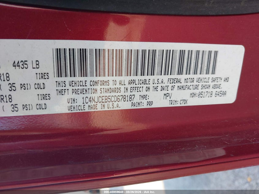 2012 Jeep Compass VIN 1C4NJCEB5CD678187 IAAI salvage auction — NORMAL WEAR, Clear (Illinois), sold $725 on 2026-09-04 (photo 9)