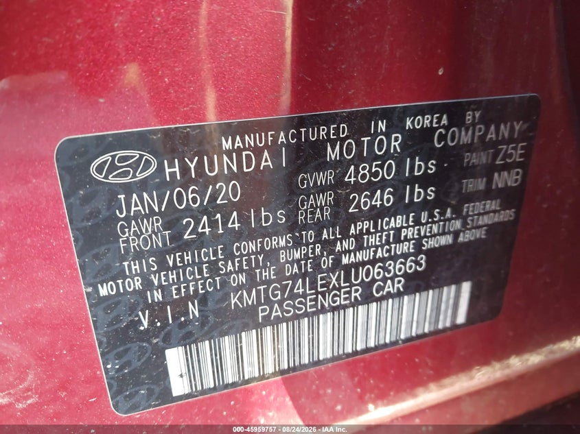 2020 Genesis G70 VIN KMTG74LEXLU063663 IAAI salvage auction — UNKNOWN, Clear (North Carolina), sold $6,500 on 2026-09-25 (photo 9)