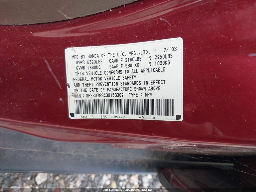 2003 Honda Cr-v VIN SHSRD78843U153302 IAAI salvage auction — NORMAL WEAR, Clear (New York), sold $875 on 2026-09-06 (photo 9)