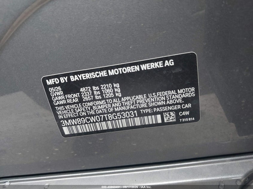 2026 BMW 3er VIN 3MW89CW07T8G53031 IAAI salvage auction — LEFT FRONT, Clear (Arizona), sold $25,000 on 2026-10-05 (photo 9)