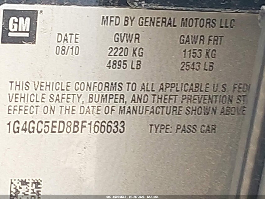 2011 Buick Lacrosse VIN 1G4GC5ED8BF166633 IAAI salvage auction — FRONT END, Clear, sold $275 on 2026-10-05 (photo 9)