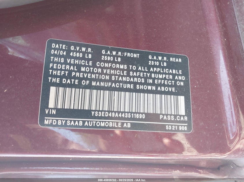 2004 Saab 9-5 VIN YS3ED49A443511690 IAAI salvage auction — FRONT END, Salvage (Pennsylvania), sold $375 on 2026-09-18 (photo 9)