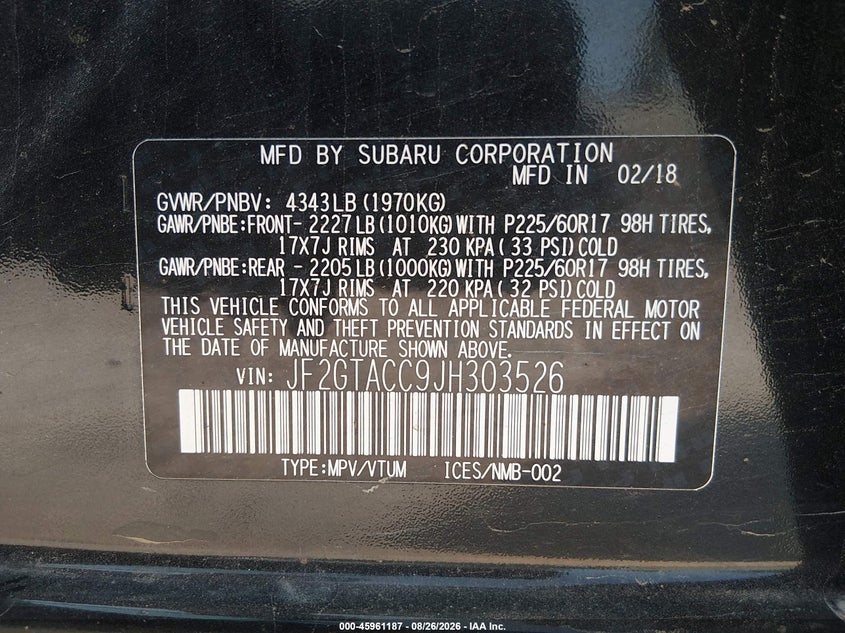 2018 Subaru Xv VIN JF2GTACC9JH303526 IAAI salvage auction — HAIL, Clear (Wisconsin), sold $10,100 on 2026-09-09 (photo 9)