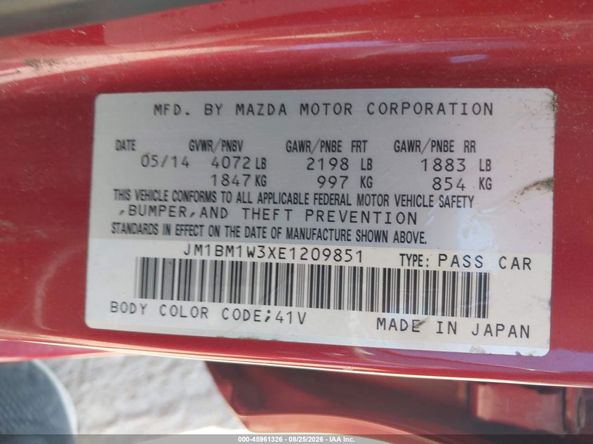 2014 Mazda 3 VIN JM1BM1W3XE1209851 IAAI salvage auction — RIGHT SIDE, Clear (North Carolina), sold $1,125 on 2026-09-04 (photo 9)