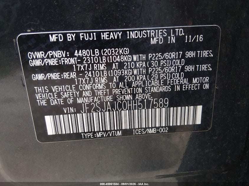 2017 Subaru Forester VIN JF2SJAJC0HH517589 IAAI salvage auction — RIGHT SIDE, Salvage Title, sold $1,275 on 2026-09-29 (photo 9)