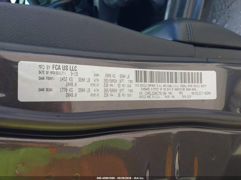 2019 Dodge Durango VIN 1C4RDJDG0KC701180 IAAI salvage auction — SIDE, Salvage Title, sold $7,200 on 2026-09-27 (photo 9)