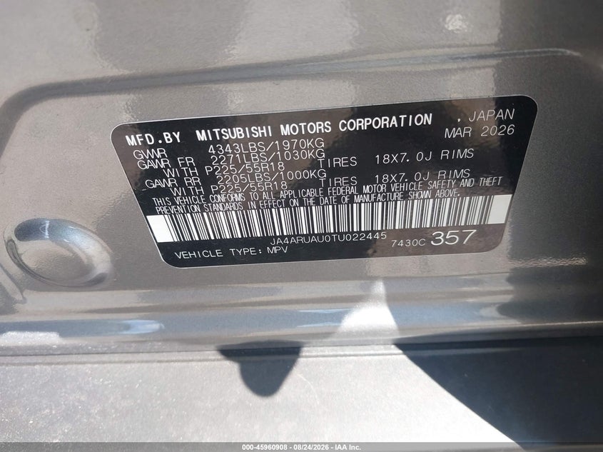 2026 Mitsubishi VIN JA4ARUAU0TU022445 IAAI salvage auction — REAR END, Salvage Title, sold $8,400 on 2026-08-28 (photo 9)