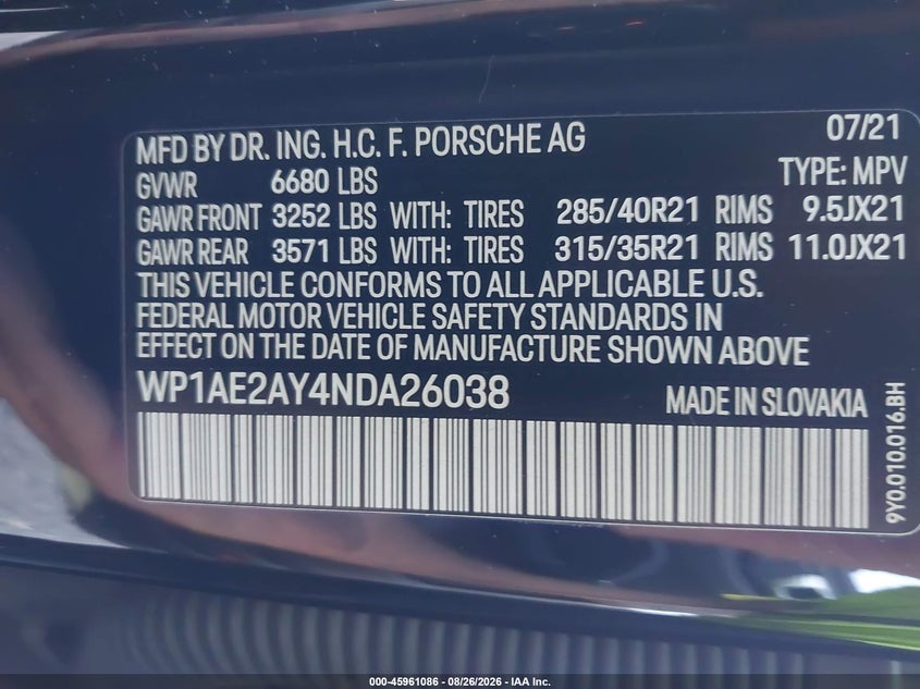 2022 Porsche Cayenne VIN WP1AE2AY4NDA26038 IAAI salvage auction — FRONT & REAR, Salvage Title, sold $18,875 on 2026-10-12 (photo 9)