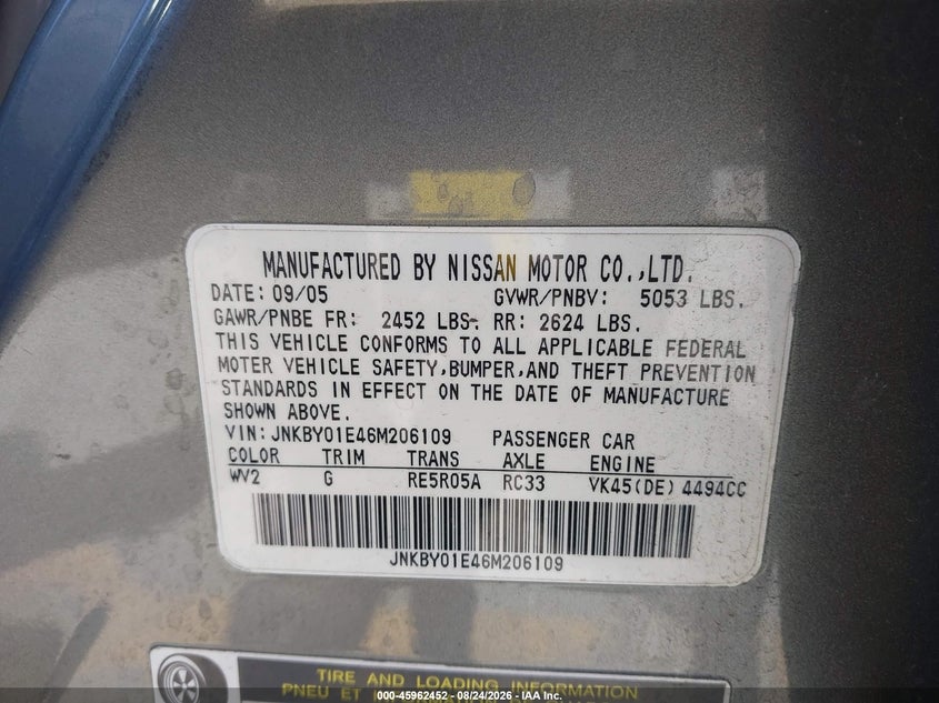 2006 Infiniti M45 VIN JNKBY01E46M206109 IAAI salvage auction — NORMAL WEAR, Clear - Dealer Only (California), sold $1,000 on 2026-09-01 (photo 9)