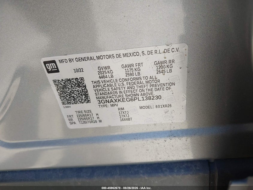 2023 Chevrolet Equinox VIN 3GNAXKEG6PL138230 IAAI salvage auction — REAR END, Salvage Title, sold $6,200 on 2026-09-30 (photo 9)