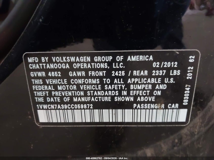 2012 Volkswagen Passat VIN 1VWCN7A39CC059872 IAAI salvage auction — NORMAL WEAR, Clear (Minnesota), sold $700 on 2026-09-29 (photo 9)