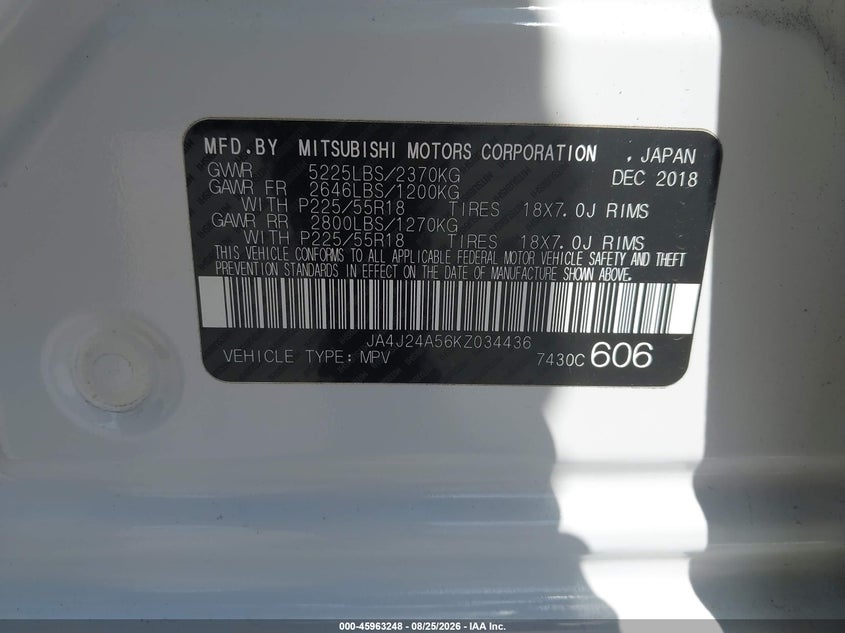 2019 Mitsubishi Outlander VIN JA4J24A56KZ034436 IAAI salvage auction — NORMAL WEAR, Clear (New Jersey), sold $4,450 on 2026-09-06 (photo 9)