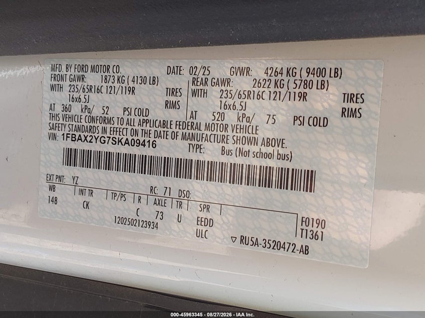 2025 Ford Transit VIN 1FBAX2YG7SKA09416 IAAI salvage auction — SIDE, Wait Title, sold $30,550 on 2026-09-08 (photo 8)