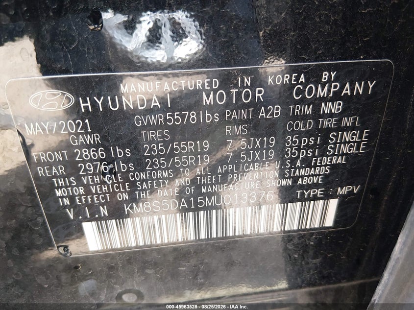 2021 Hyundai VIN KM8S5DA15MU013376 IAAI salvage auction — FRONT END, Salvage Title, sold $11,700 on 2026-10-13 (photo 9)