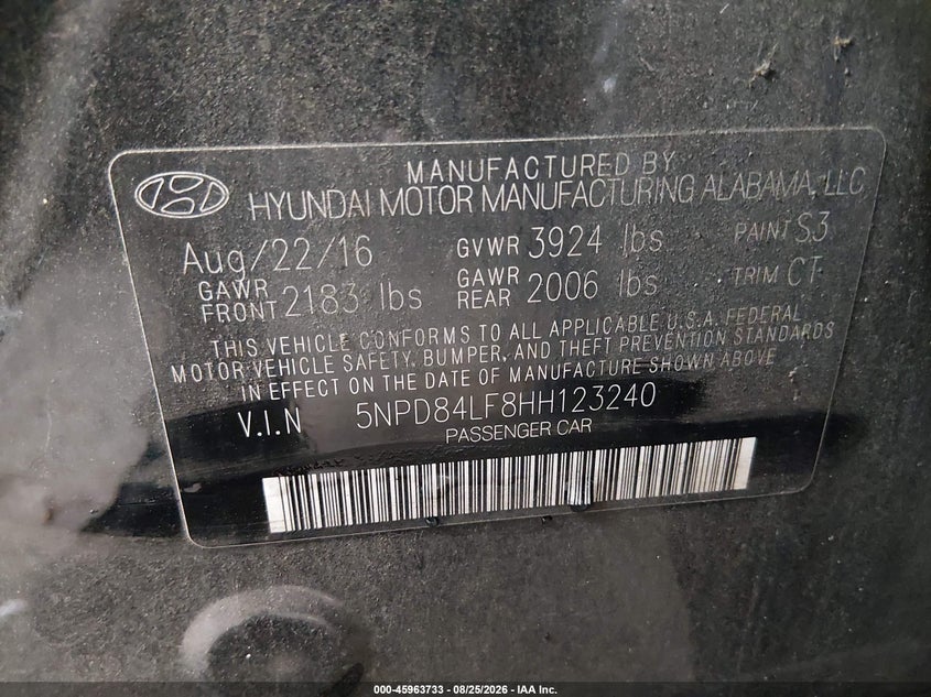 2017 Hyundai Elantra VIN 5NPD84LF8HH123240 IAAI salvage auction — NORMAL WEAR, Clear (Florida), sold $2,650 on 2026-09-01 (photo 9)