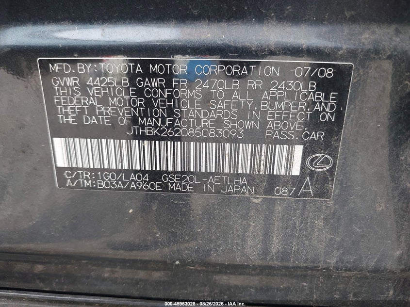 2008 Lexus Is VIN JTHBK262085083093 IAAI salvage auction — NORMAL WEAR, Clear (Alabama), sold $875 on 2026-09-23 (photo 9)