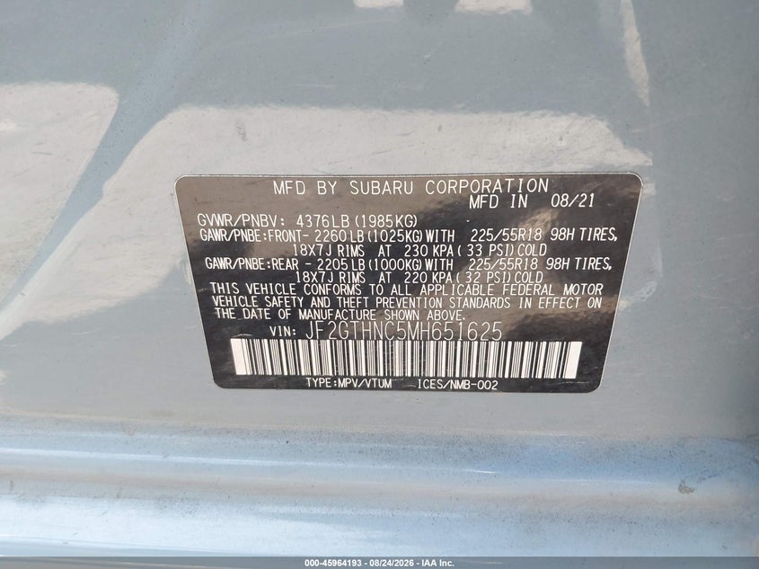 2021 Subaru Xv VIN JF2GTHNC5MH651625 IAAI salvage auction — REAR END, Wait Title, sold $6,250 on 2026-09-16 (photo 9)