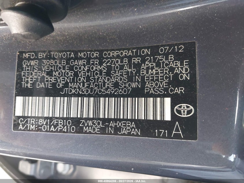 2012 Toyota Prius VIN JTDKN3DU7C5492607 IAAI salvage auction — LEFT REAR, Salvage (California), sold $1,850 on 2026-09-11 (photo 9)