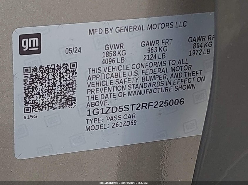 2024 Chevrolet Malibu VIN 1G1ZD5ST2RF225006 IAAI salvage auction — FRONT END, Enterprise Vehicles Clear Only (Georgia), sold $11,500 on 2026-09-03 (photo 9)