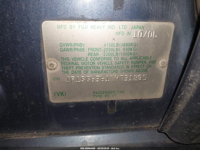 2007 Subaru Forester VIN JF1SG63617H731805 IAAI salvage auction — REAR END, Salvage (Utah), sold $400 on 2026-09-15 (photo 9)