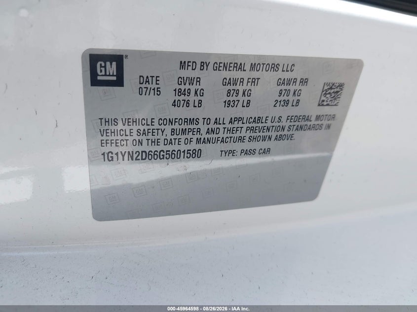 2016 Chevrolet Corvette VIN 1G1YN2D66G5601580 IAAI salvage auction — Rear, Salvage, sold $20,100 on 2026-09-16 (photo 9)