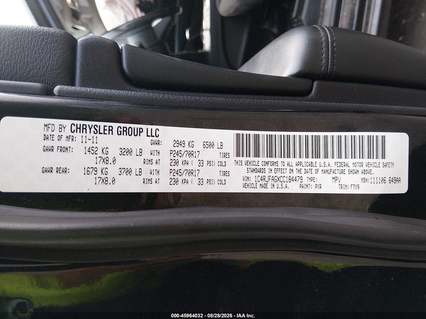 2012 Jeep Grand cherokee VIN 1C4RJFAGXCC184479 IAAI salvage auction — FRONT END, Salvage Title, sold $475 on 2026-10-09 (photo 9)