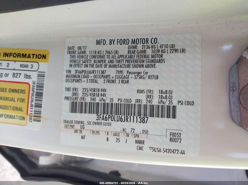 2018 Ford Fusion VIN 3FA6P0LU6JR111387 IAAI salvage auction — Rear, Salvage, sold $3,600 on 2026-09-17 (photo 9)