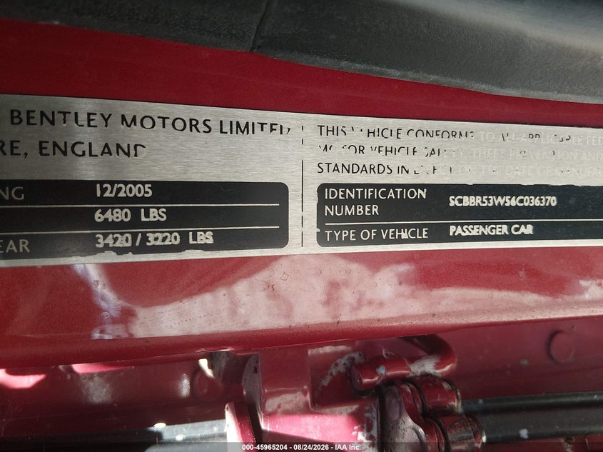 2006 Bentley Continental flying spur VIN SCBBR53W56C036370 IAAI salvage auction — FRONT & REAR, Clear (South Carolina), sold $6,350 on 2026-09-10 (photo 9)