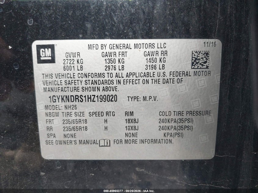 2017 Cadillac Xt5 VIN 1GYKNDRS1HZ199020 IAAI salvage auction — RIGHT FRONT, Mv-907A (New York), sold $650 on 2026-09-05 (photo 9)