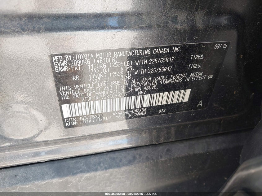 2019 Toyota VIN 2T3F1RFV2KC058707 IAAI salvage auction — ROOF, Salvage (Virginia), sold $10,700 on 2026-09-08 (photo 9)