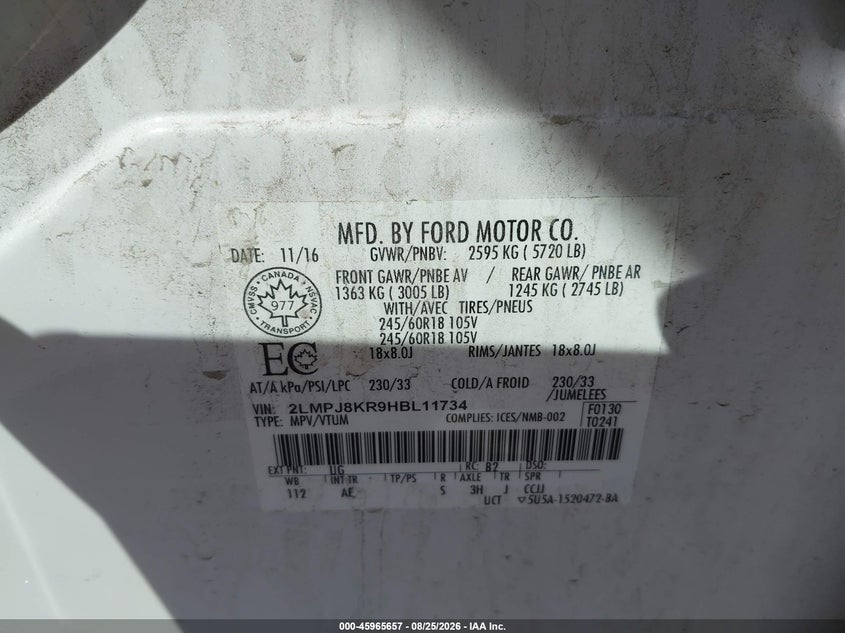 2017 Lincoln Mkx VIN 2LMPJ8KR9HBL11734 IAAI salvage auction — FRONT END, Salvage Title, sold $2,250 on 2026-09-22 (photo 9)