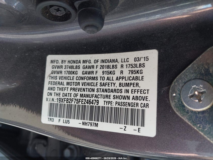 2015 Honda Civic VIN 19XFB2F75FE246479 IAAI salvage auction — SIDE, Salvage Title, sold $2,450 on 2026-08-30 (photo 9)