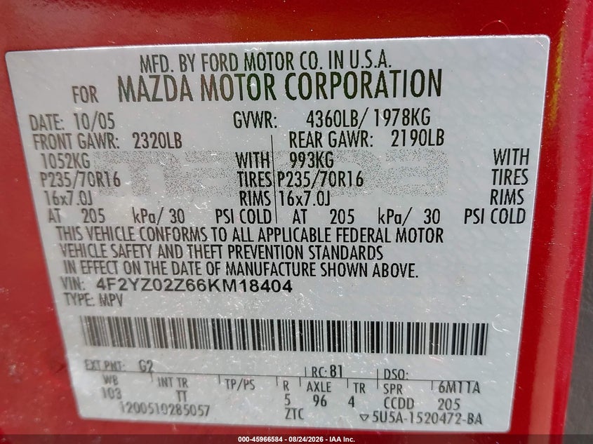 2006 Mazda Tribute VIN 4F2YZ02Z66KM18404 IAAI salvage auction — NORMAL WEAR, Original (Texas), sold $950 on 2026-09-02 (photo 9)