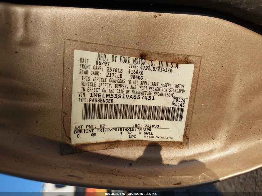 1997 Mercury Sable VIN 1MELM53S1VA657451 IAAI salvage auction — NORMAL WEAR, Clear (Louisiana), sold $800 on 2026-09-09 (photo 9)