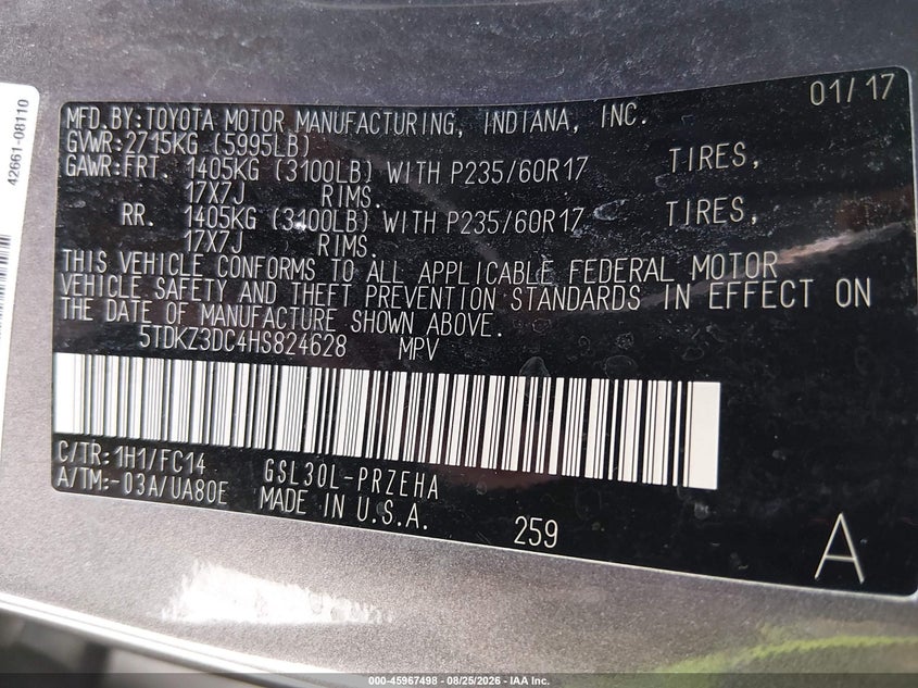 2017 Toyota Sienna VIN 5TDKZ3DC4HS824628 IAAI salvage auction — HAIL, Clear (New York), sold $10,900 on 2026-10-06 (photo 9)